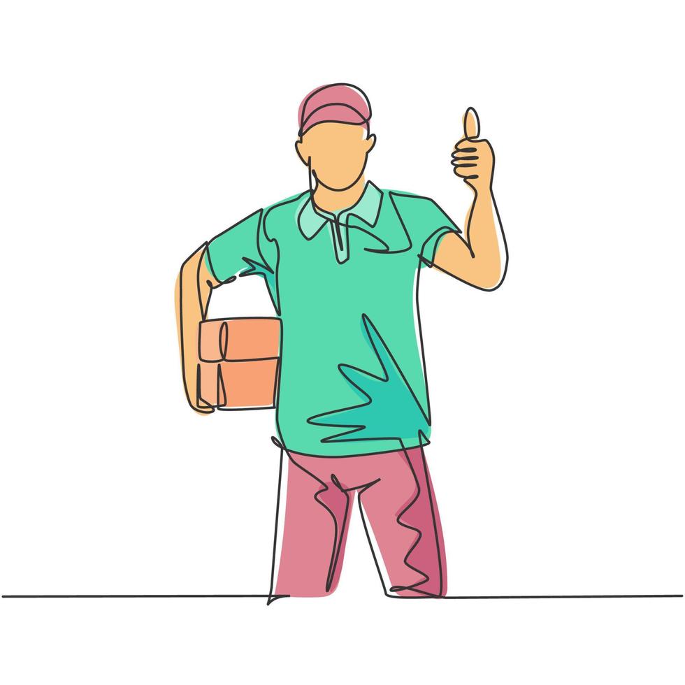 One line drawing of young happy delivery man gives thumbs up gesture while lift up and deliver carton box package to costumer. Delivery service concept. Continuous line draw design vector illustration