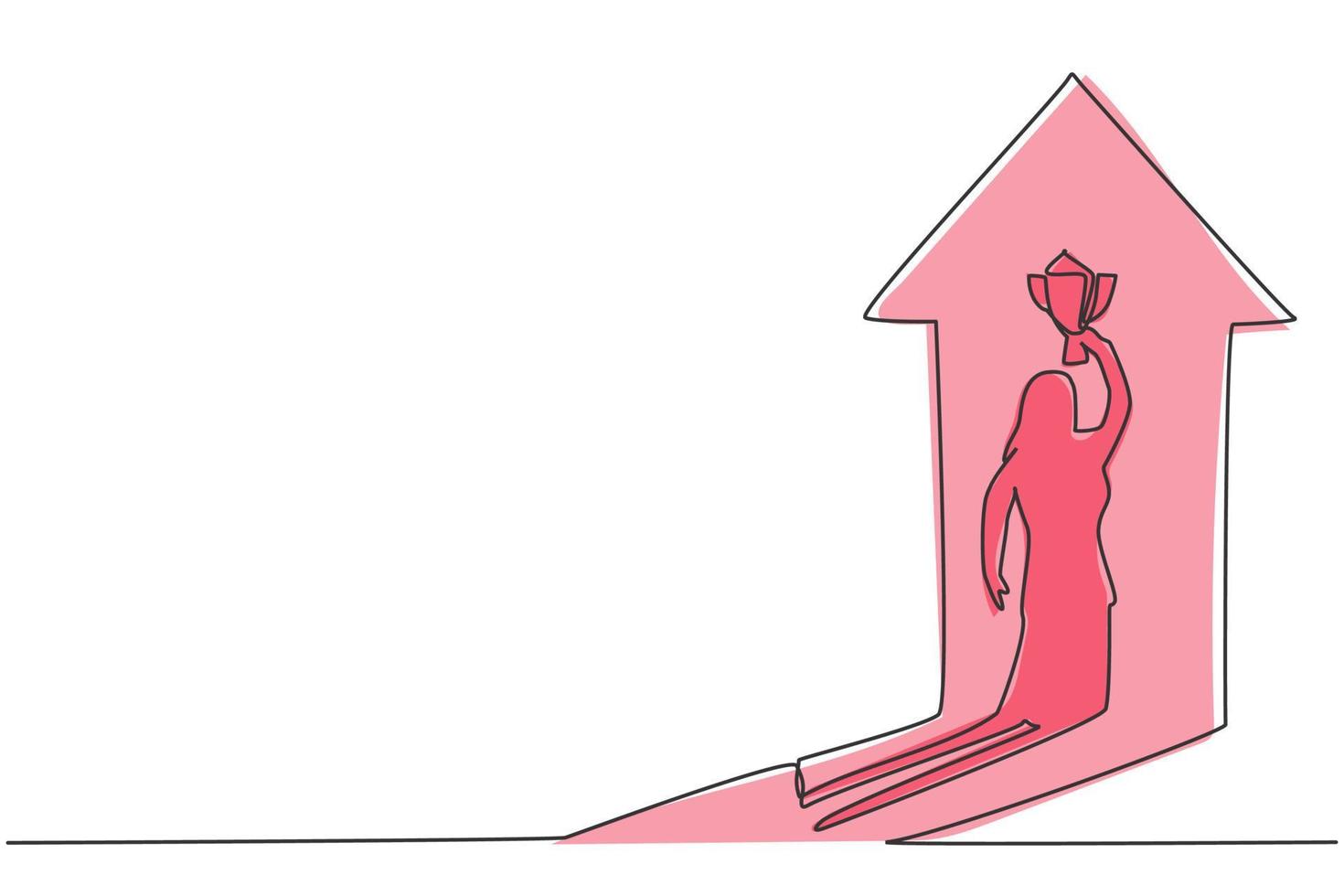 Continuous one line drawing shadow of young female entrepreneur lifting the trophy reflected on the wall. Success manager minimalist concept. Trendy single line draw design vector graphic illustration