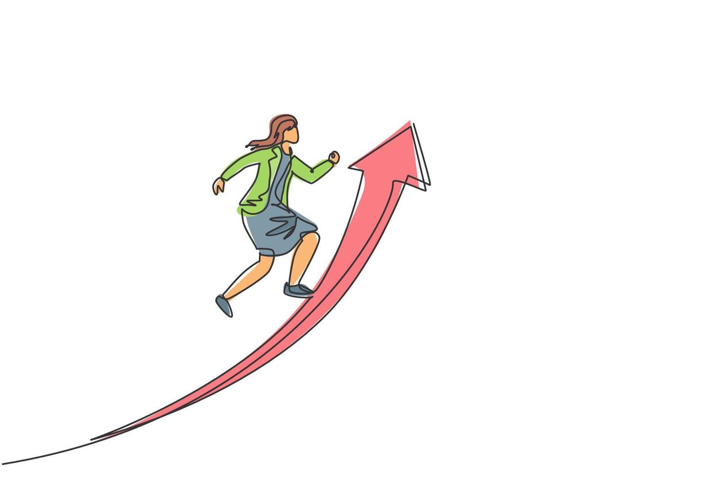 Single continuous line drawing young female manager jumping high up arrow symbol to reach goal. Professional businesswoman. Minimalism concept dynamic one line draw graphic design vector illustration