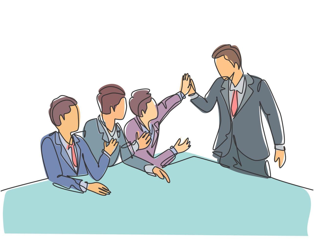 One line drawing group of businessmen celebrating their successive goal at the business meeting with high five gesture. Business deal concept continuous line graphic draw design vector illustration