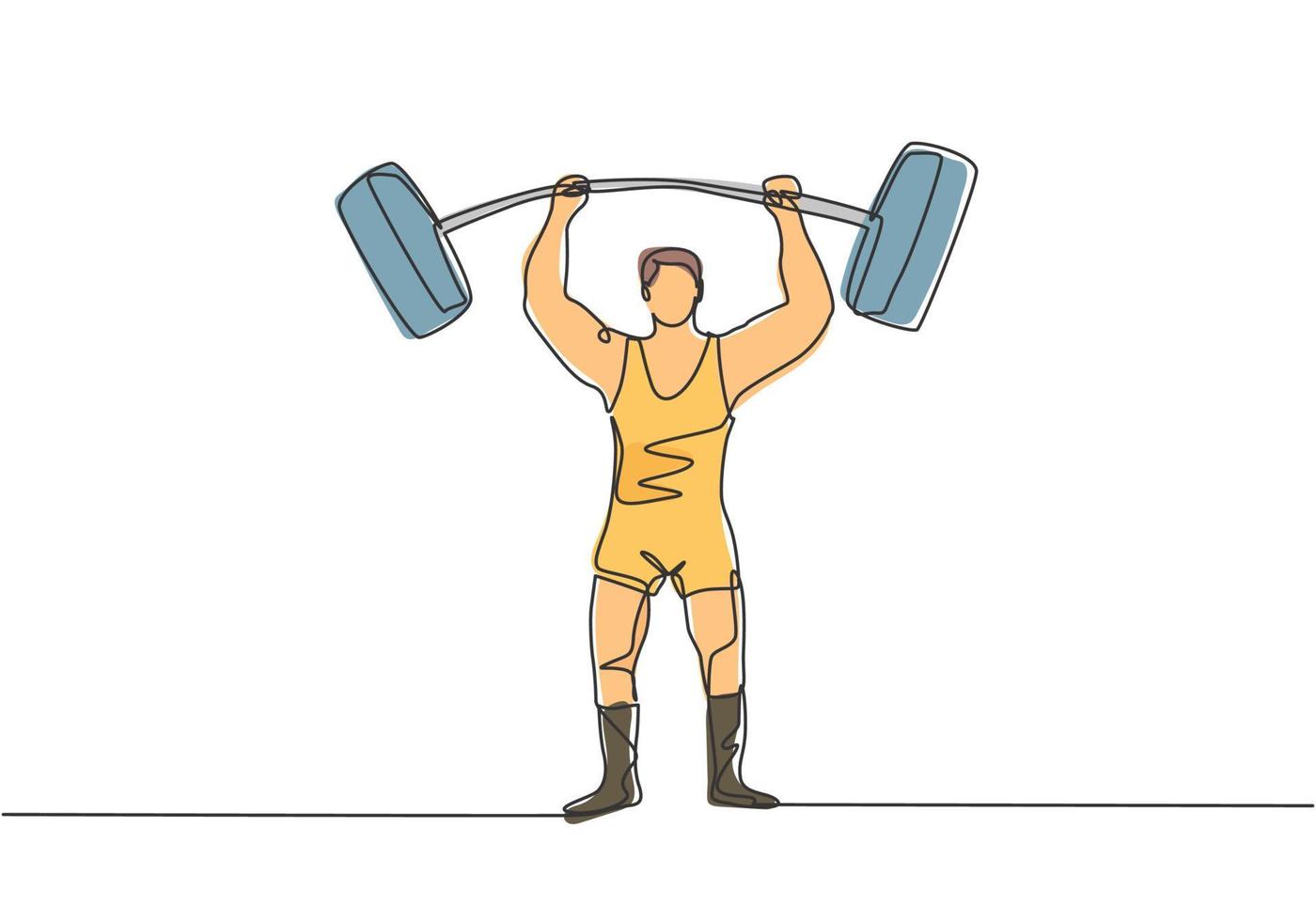 Continuous one line drawing the strongman raised the curved barbell with his two hands. His muscles were clearly visible to the circus audience Single line draw design vector graphic illustration.