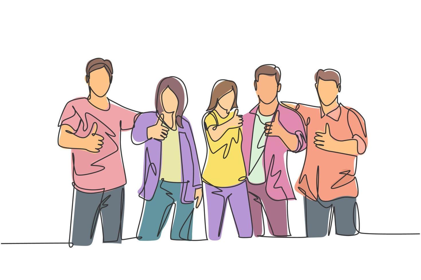 One line drawing of groups of young happy college students giving thumbs up gesture after studying together at campus library. Learn and study in university life concept. Continuous line draw design vector