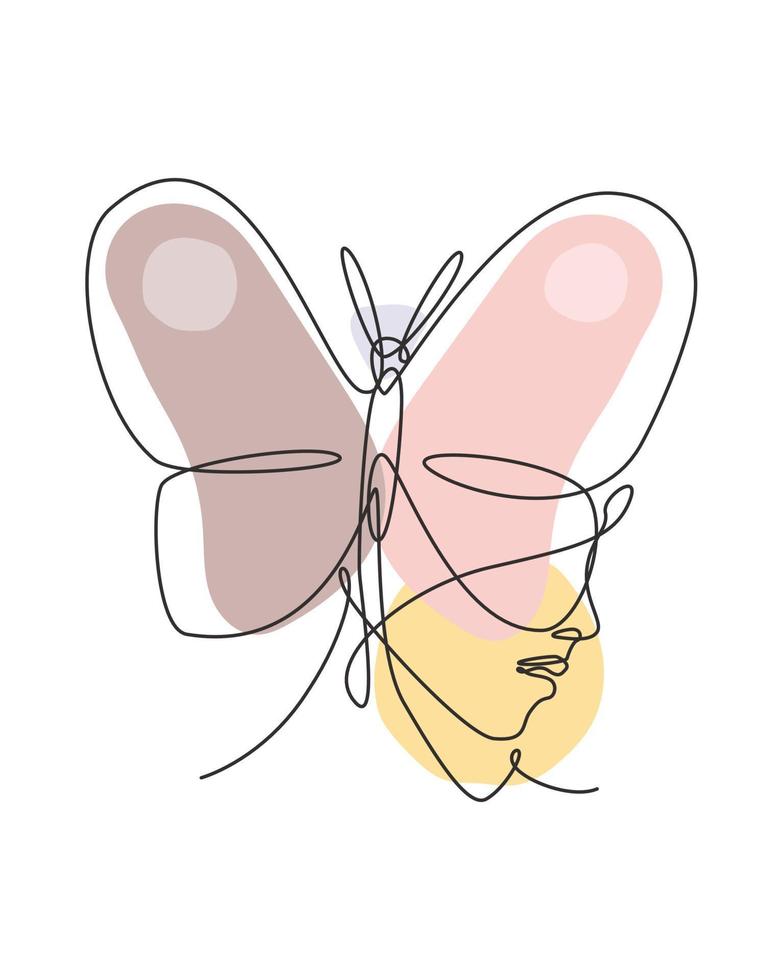 un dibujo de línea continua rostro abstracto de mujer sexy con logo de alas de mariposa. concepto de estilo minimalista de retrato femenino. icono cosmético. Ilustración de vector gráfico de diseño de dibujo de línea única dinámica