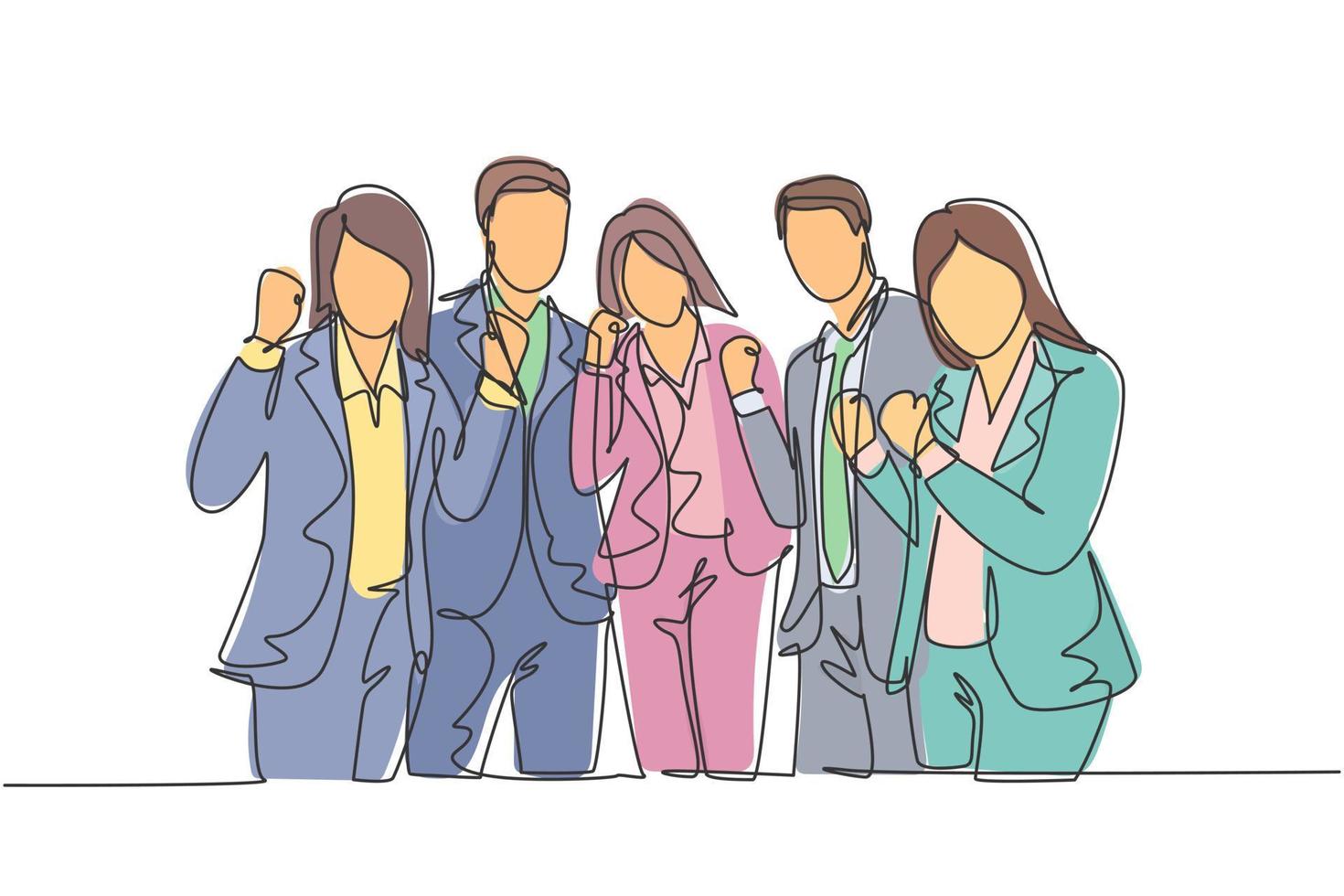 One continuous line drawing group of businessman and businesswoman line up neatly and fist hands together. Business teamwork celebration concept single line draw design graphic vector illustration