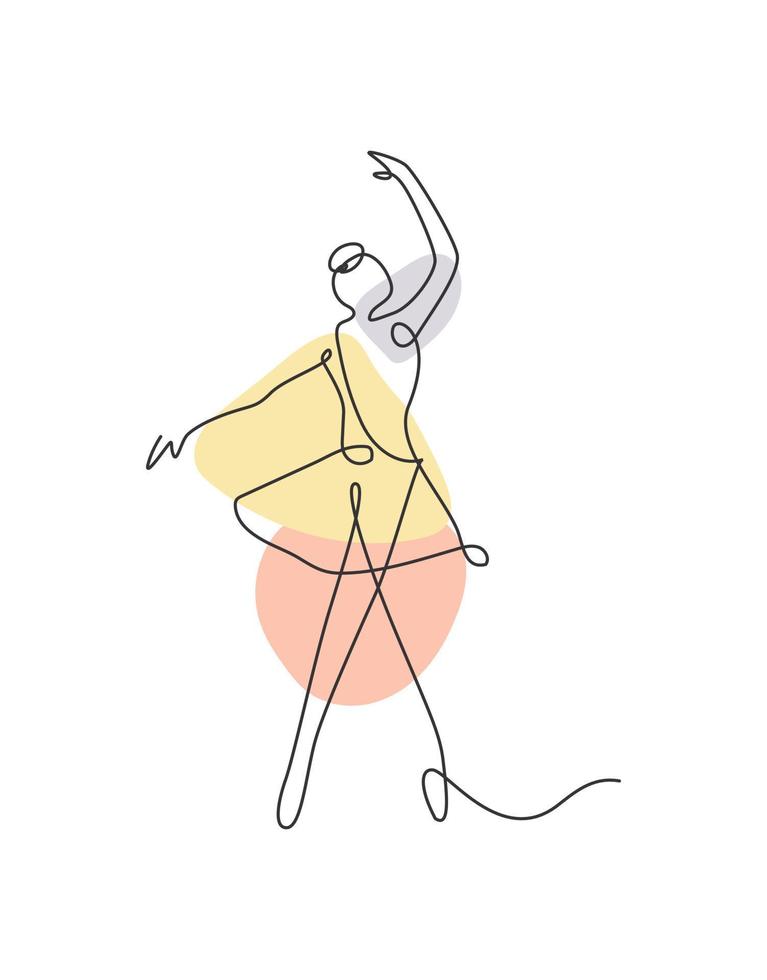 Una sola línea de dibujo ilustración de vector de bailarina de mujer sexy. bailarina de ballet bonita minimalista muestra el concepto de movimiento de danza. Póster de decoración de pared con estampado de moda. diseño gráfico de dibujo de línea continua moderna