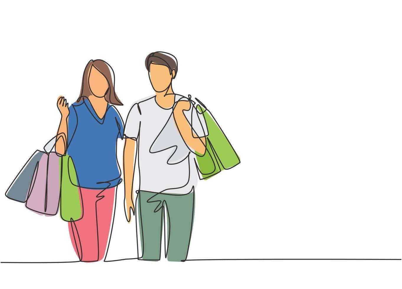 Single continuous line drawing young happy romantic couple holding paper bags while shopping together at mall. Buying fashion and cosmetic concept. One line draw vector graphic design illustration