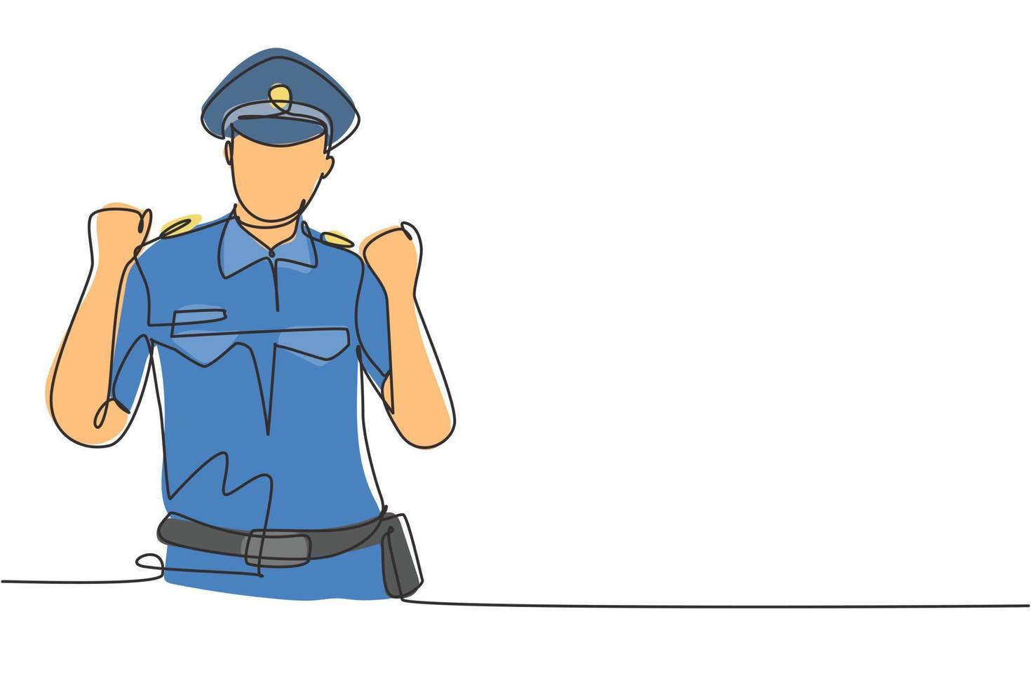 Continuous one line drawing policeman with celebrate gesture and full uniform is ready to enforce traffic discipline on highway. Standby on patrol. Single line draw design vector graphic illustration