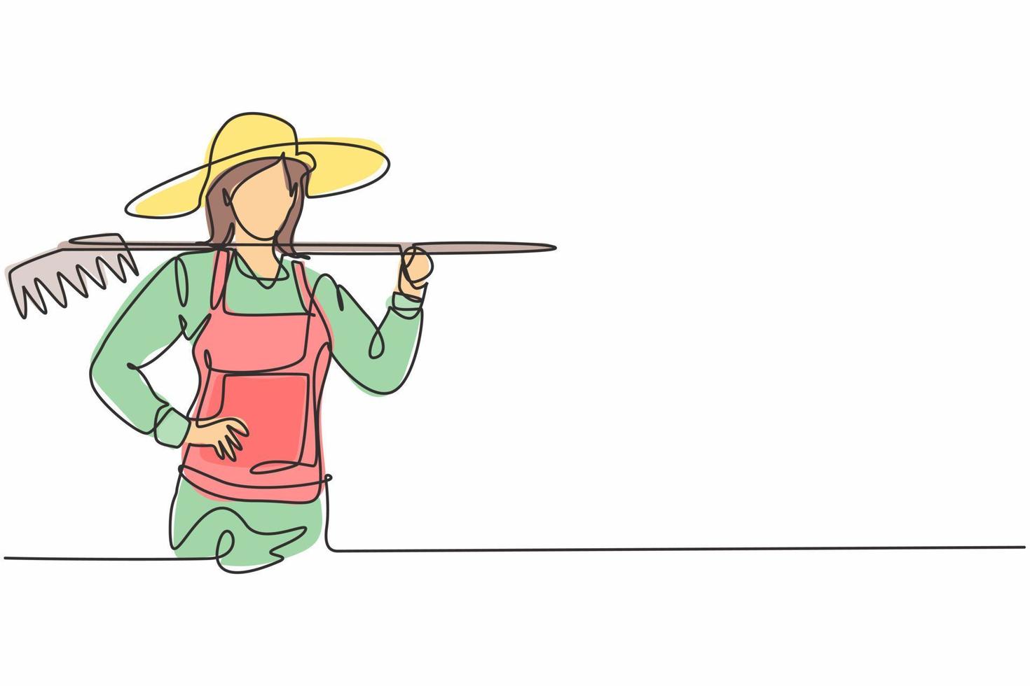 Single one line drawing young female farmer holding fork posing with hands on hip. Professional work profession and occupation minimal concept. Continuous line draw design graphic vector illustration