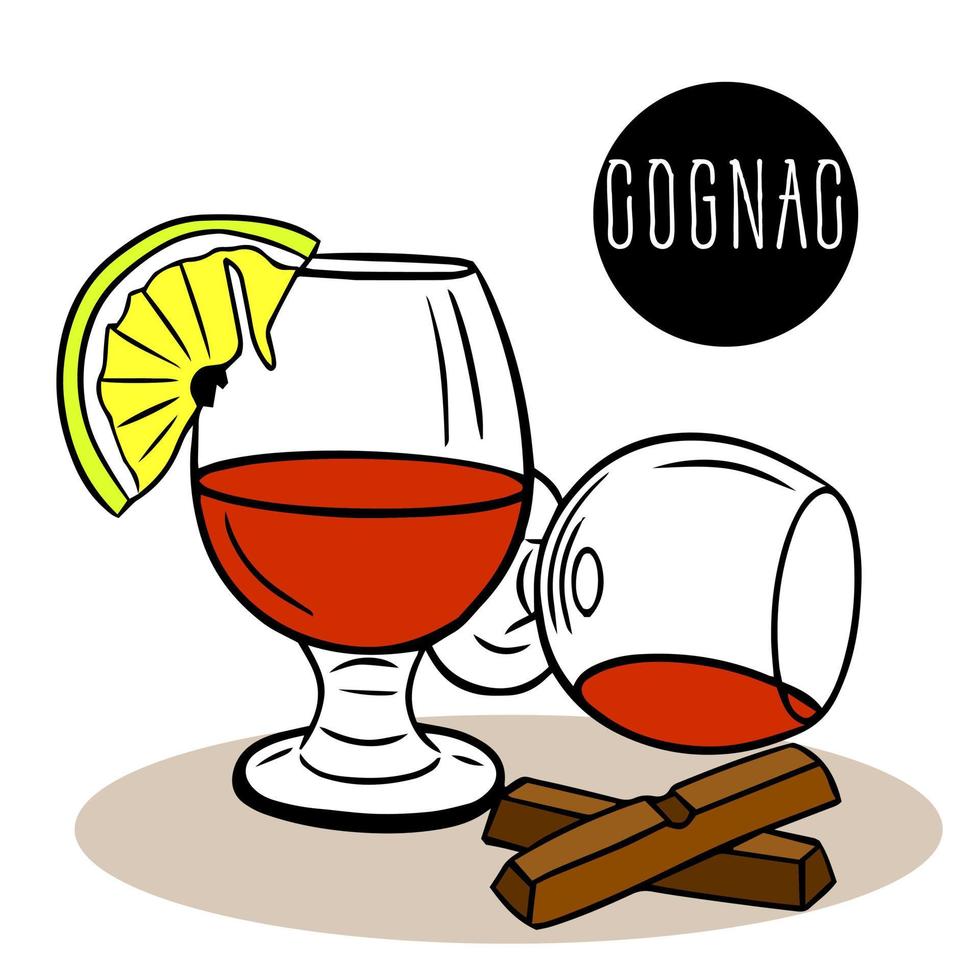 In one glass remains of cognac and slice of lemon, in the other glass empty, two pieces of chocolate bars for snacks. brandy or cognac in drink glass, alcoholic cocktail. vector