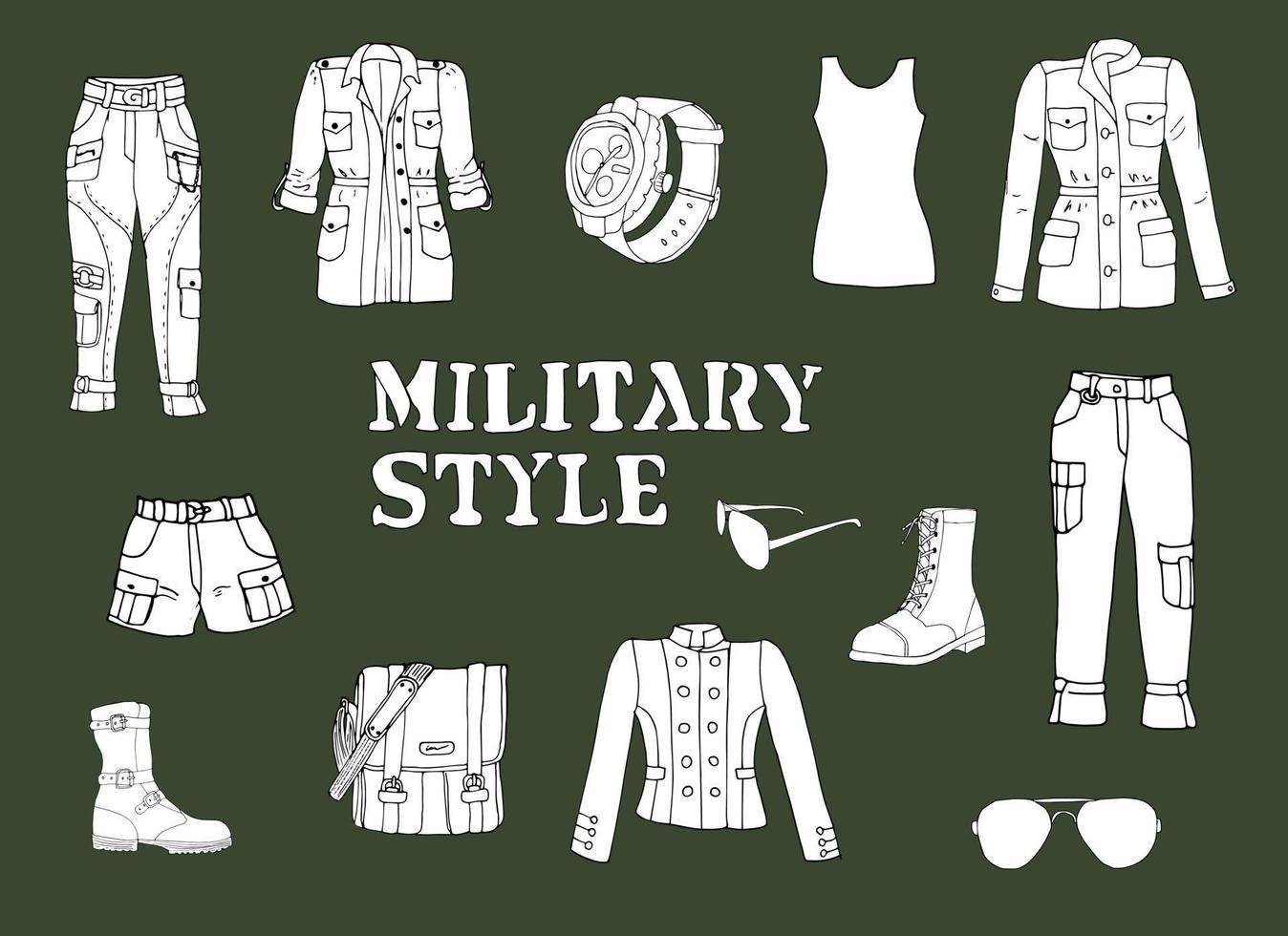 Military style woman clothes doodle set vector