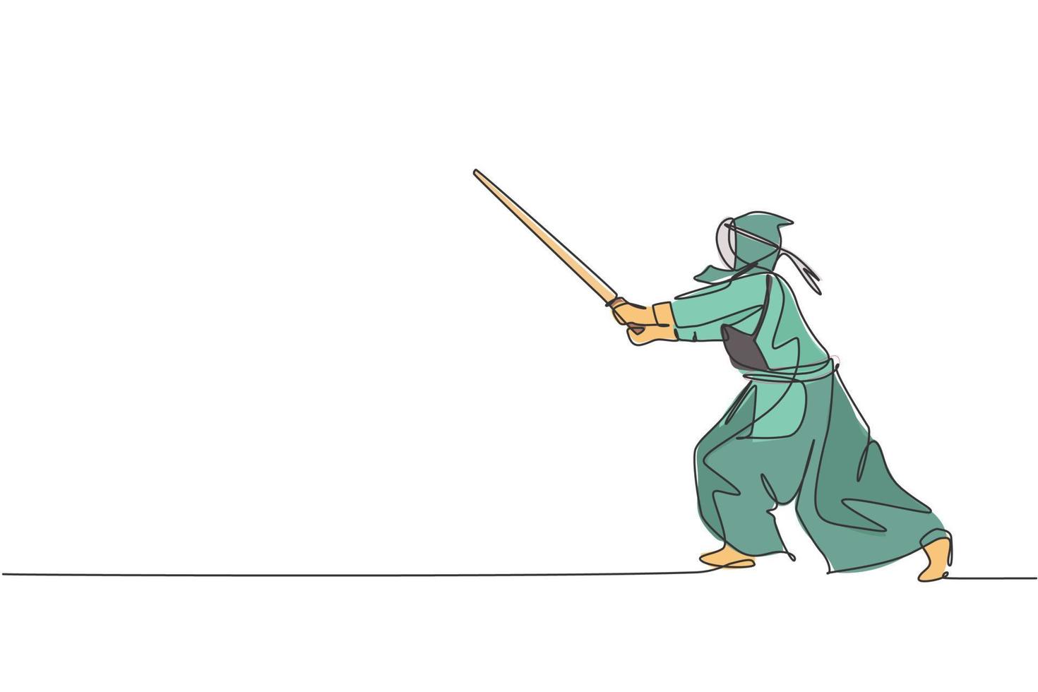 One continuous line drawing young sporty man training kendo defense move skill in dojo center. Healthy fighting martial art sport concept. Dynamic single line draw design graphic vector illustration