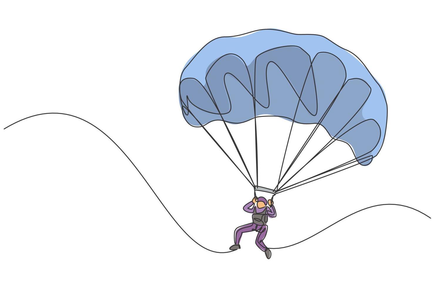 Single continuous line drawing of young tourist man flying with paragliding parachute on the sky. Extreme vacation holiday sport concept. Trendy one line draw design vector graphic illustration