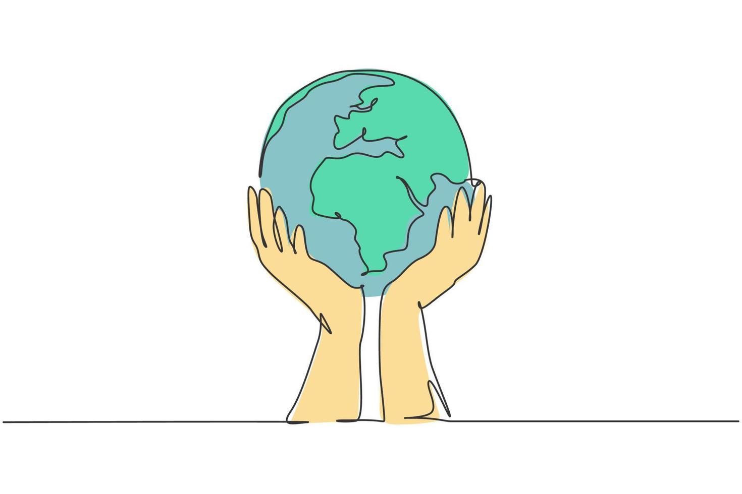 Hands hold earth. Single continuous line world global map graphic icon. Simple one line doodle for non profit organization concept. Isolated vector illustration minimalist design on white background