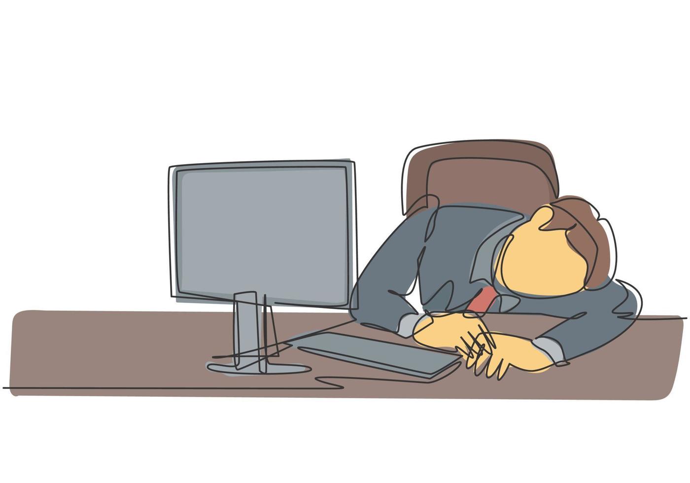 Single continuous line drawing of young sleepy startup CEO fall asleep on work desk while he was reading. Work overload fatigue at the office concept one line draw design graphic vector illustration