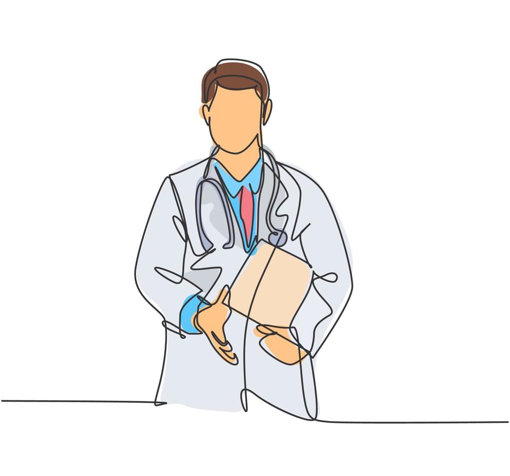 Continuous line drawing of doctor welcoming the patient with handshake gesture. Greeting in hospital and healthcare center concept. One line drawing vector illustration