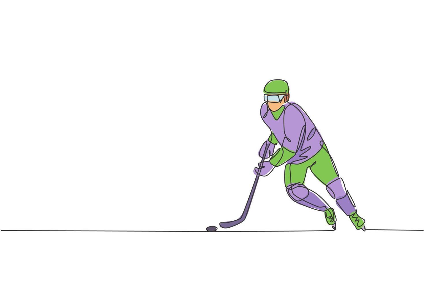 un dibujo de línea continua de un joven jugador profesional de hockey sobre hielo haciendo ejercicio y practicando en un estadio de pista de hielo. concepto de deporte extremo saludable. Ilustración de vector de diseño de dibujo de línea única dinámica