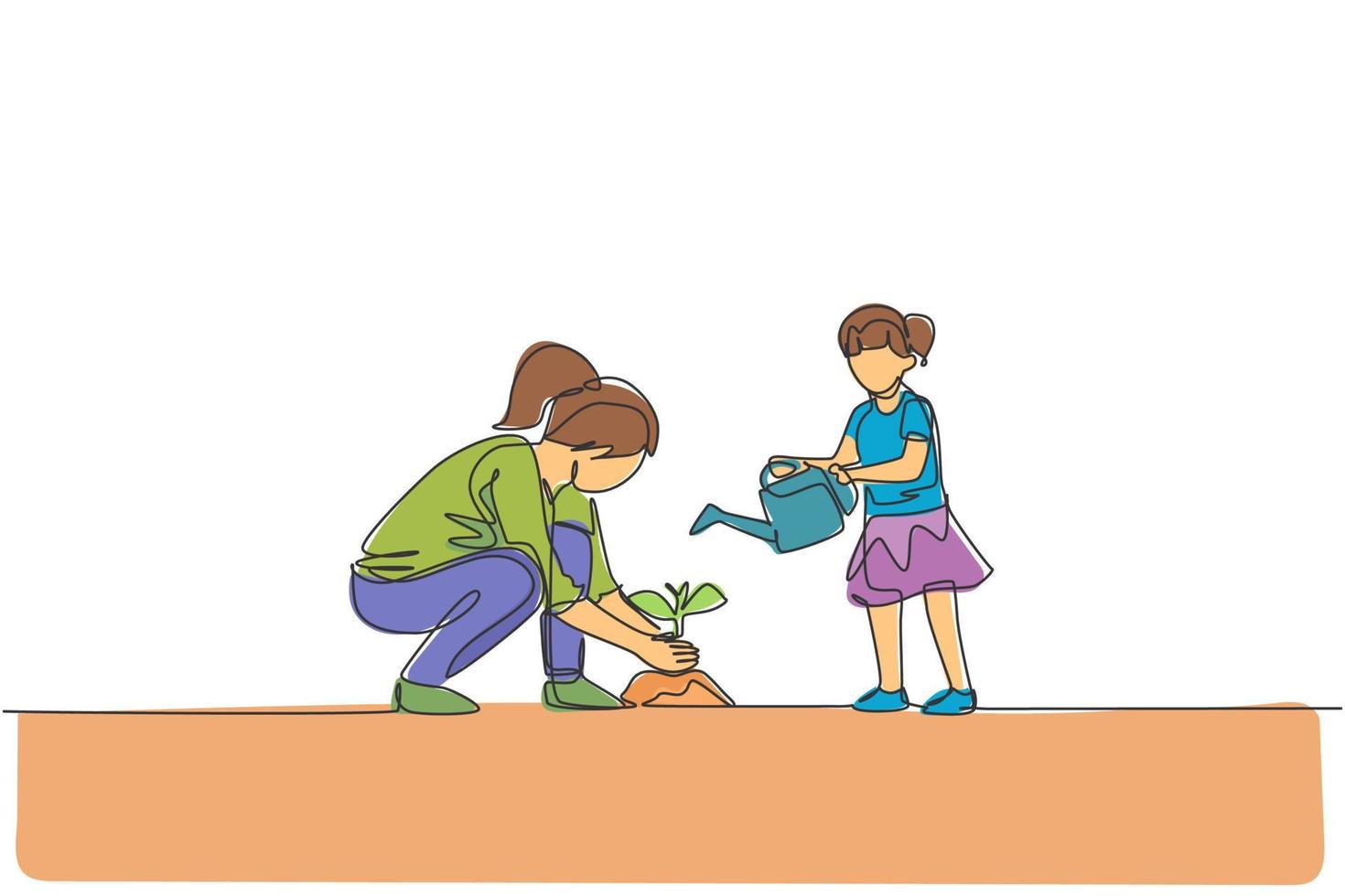 One single line drawing of young mom teach her daughter planting while the kid watering a plant at home garden vector illustration. Happy parenting learning concept. Modern continuous line draw design