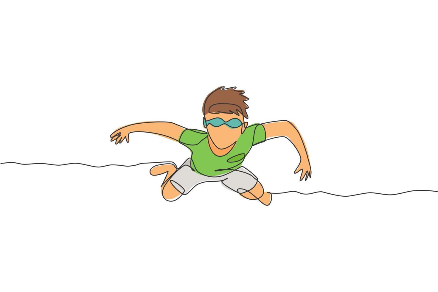 One single line drawing of young boy practice floating in swimming pool wearing goggle glasses graphic vector illustration. Summer holidays and vacation concept. Modern continuous line draw design