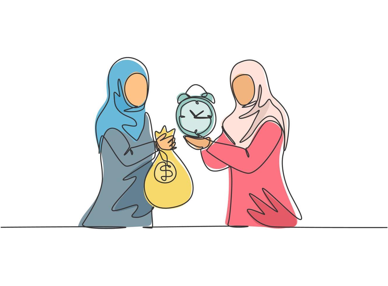 Single continuous line drawing two young Arab business woman exchange money bag and analog alarm clock. Minimalism metaphor business concept. Dynamic one line draw graphic design vector illustration.