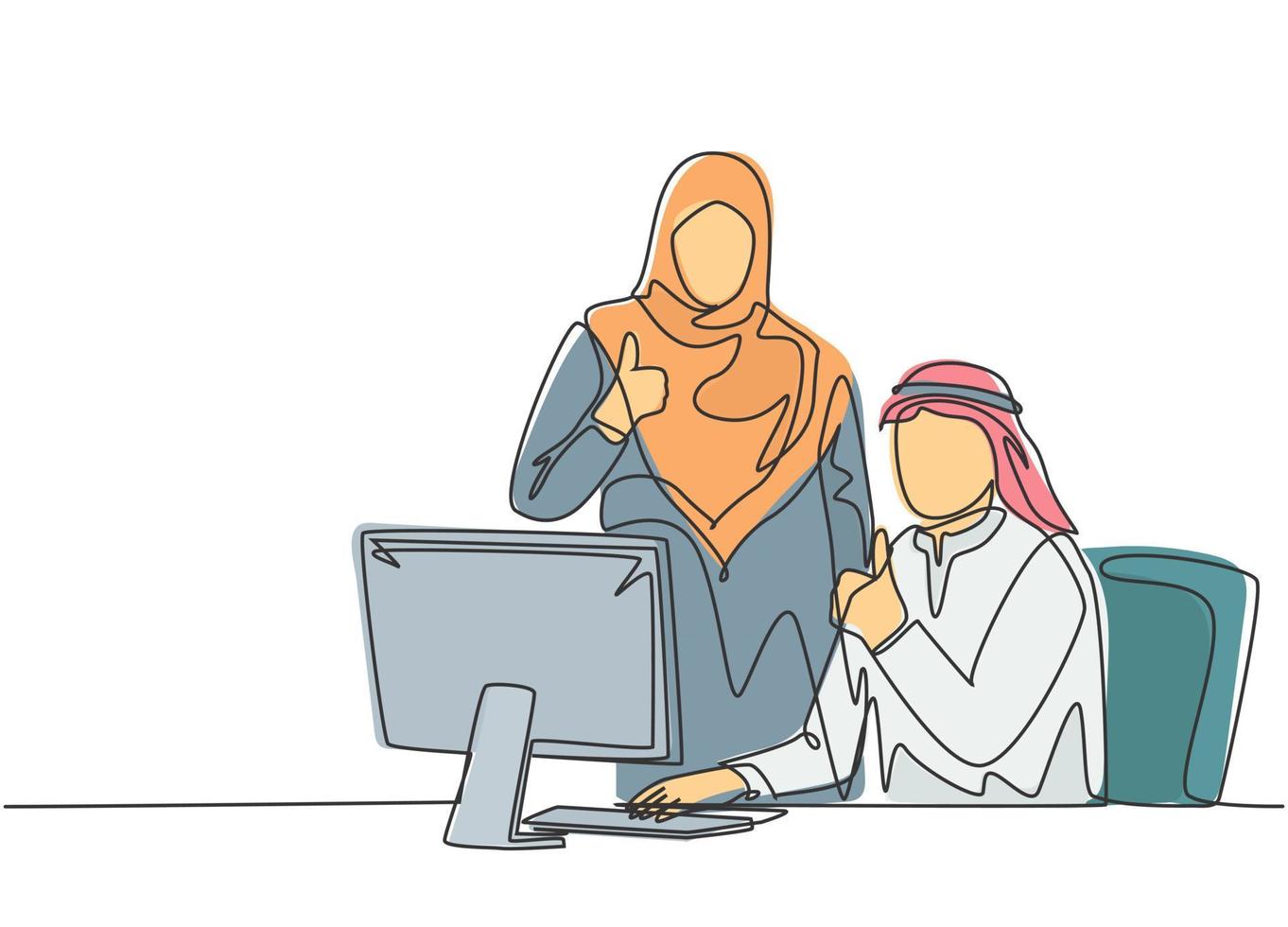 Single continuous line drawing of young muslim male and female employees give thumbs up gestures. Arab middle east cloth shmagh, kandura, thawb, robe. One line draw design vector illustration