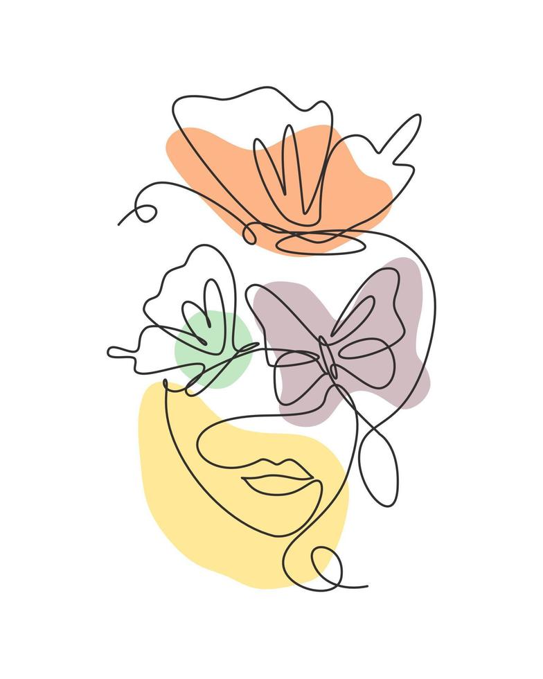 Single continuous line drawing beauty woman with butterfly artwork. Botanical, fashion, t-shirt print. Portrait face minimalistic style concept. Trendy one line draw design graphic vector illustration