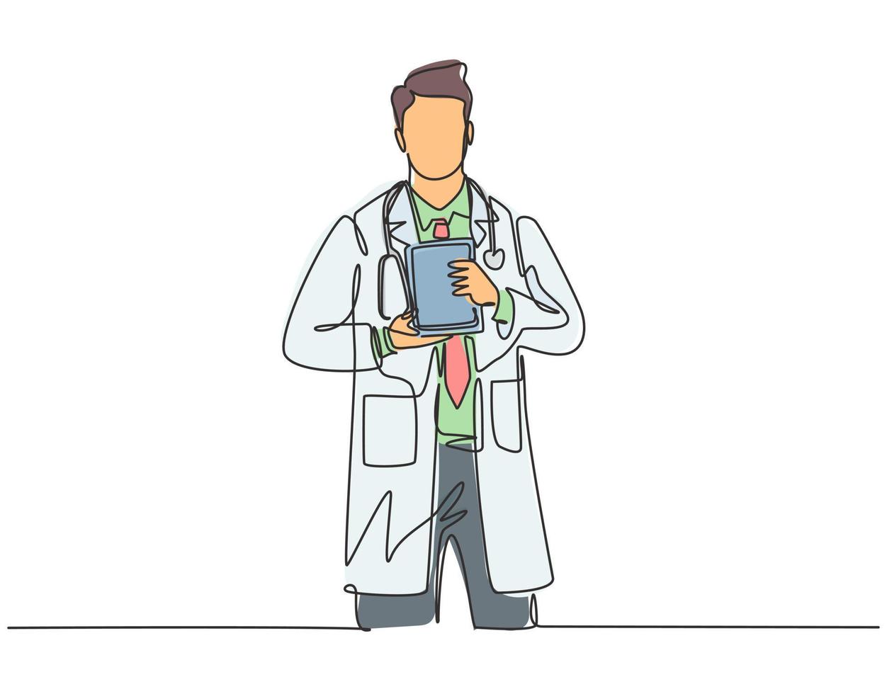 dibujo de línea continua única de un joven médico masculino inteligente que muestra un premio sobre la tecnología de innovación para curar al paciente. Concepto de logro de invención médica ilustración de vector de diseño de dibujo de una línea