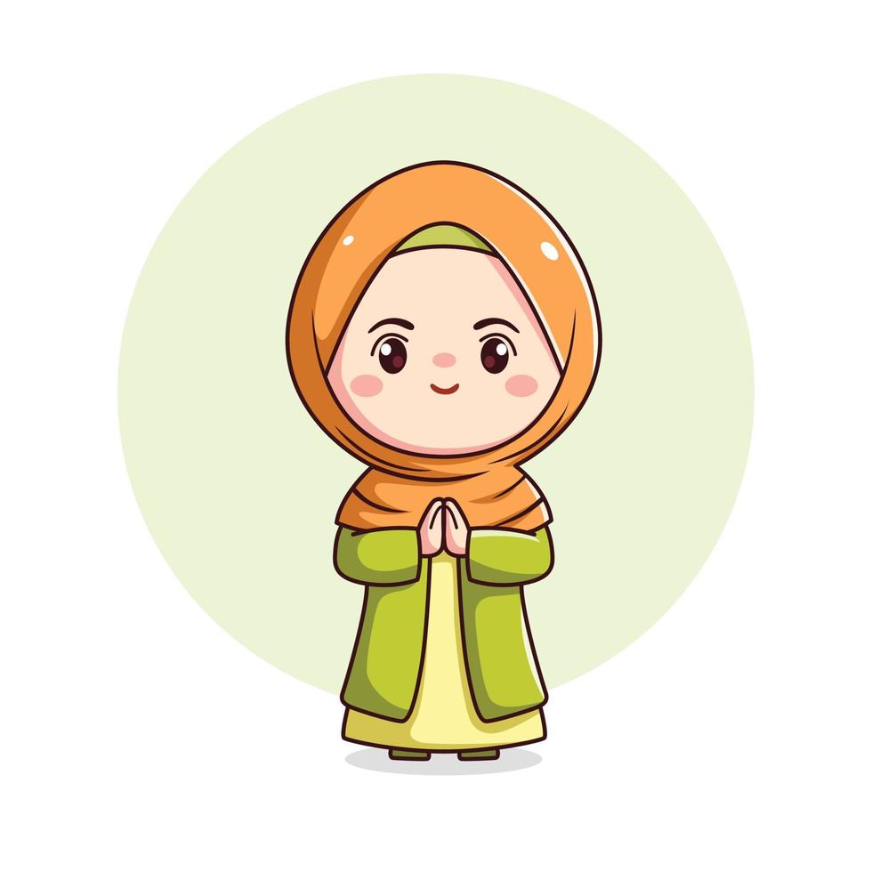 Cute hijab girl with greeting gesture kawaii chibi moeslim character vector