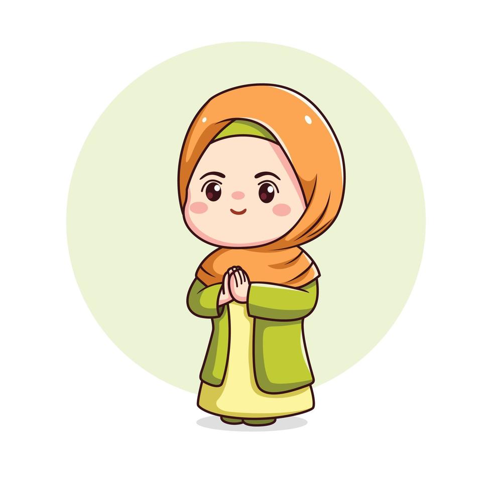 Cute hijab girl with greeting gesture kawaii chibi moeslim character vector