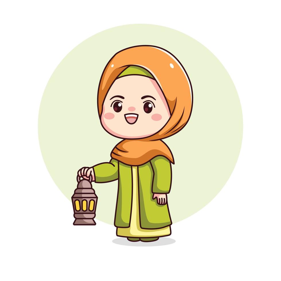 Cute hijab girl holding lantern kawaii chibi vector