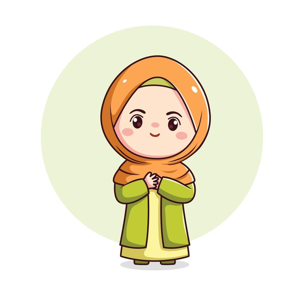 Cute hijab girl feel grateful kawaii chibi muslim character vector