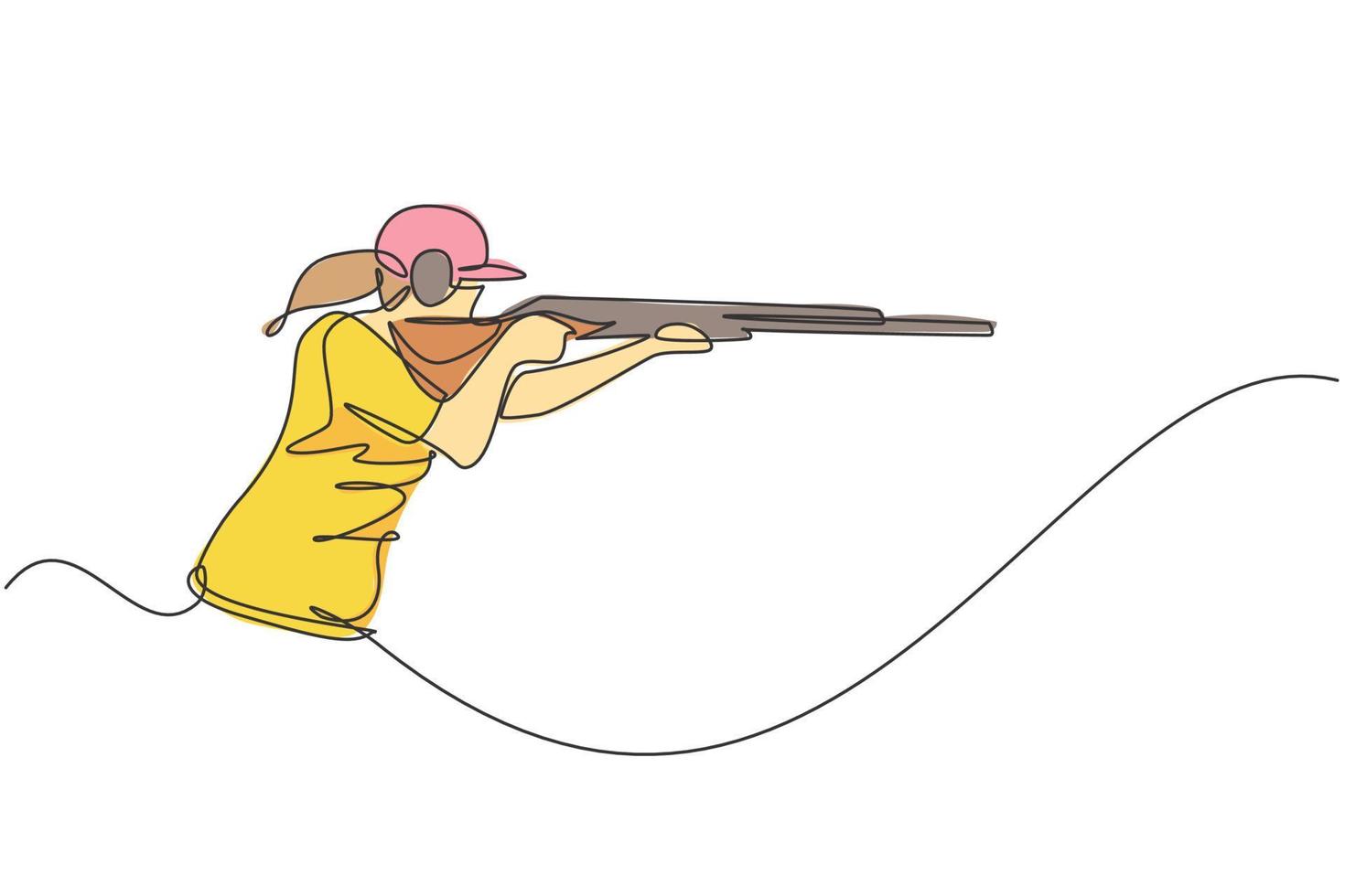 One continuous line drawing young woman on shooting training ground practice for competition with rifle gun. Outdoor shooting sport concept. Dynamic single line draw design vector illustration graphic