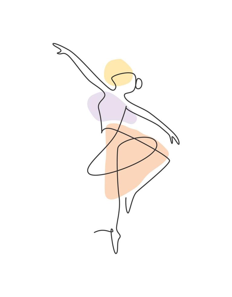 Single continuous line drawing ballerina in ballet motion dance style. Beauty minimalist dancer concept logo, Scandinavian poster print art. Trendy one line draw design graphic vector illustration