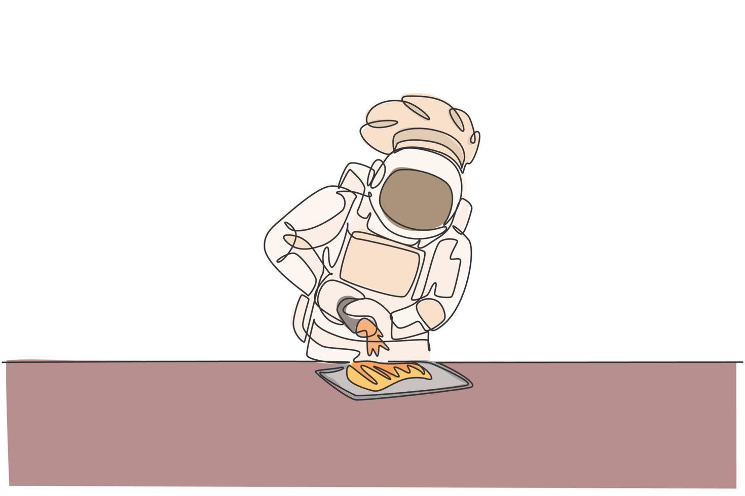 Single continuous line drawing of astronaut chef pouring delicious sauce into steak grill food in outer space cafe. Healthy restaurant cuisine concept. Trendy one line draw design vector illustration