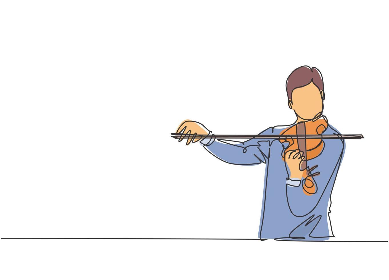 dibujo de una sola línea de violinista masculino tocando el violín en un festival de música. Concepto de rendimiento de artista de músico de moda ilustración de vector gráfico de diseño de dibujo de línea continua