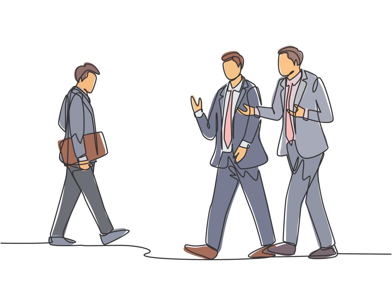 Single continuous line drawing of young happy business men talking to his colleagues when walking approaching the office. Business conversation concept. One line draw design vector illustration