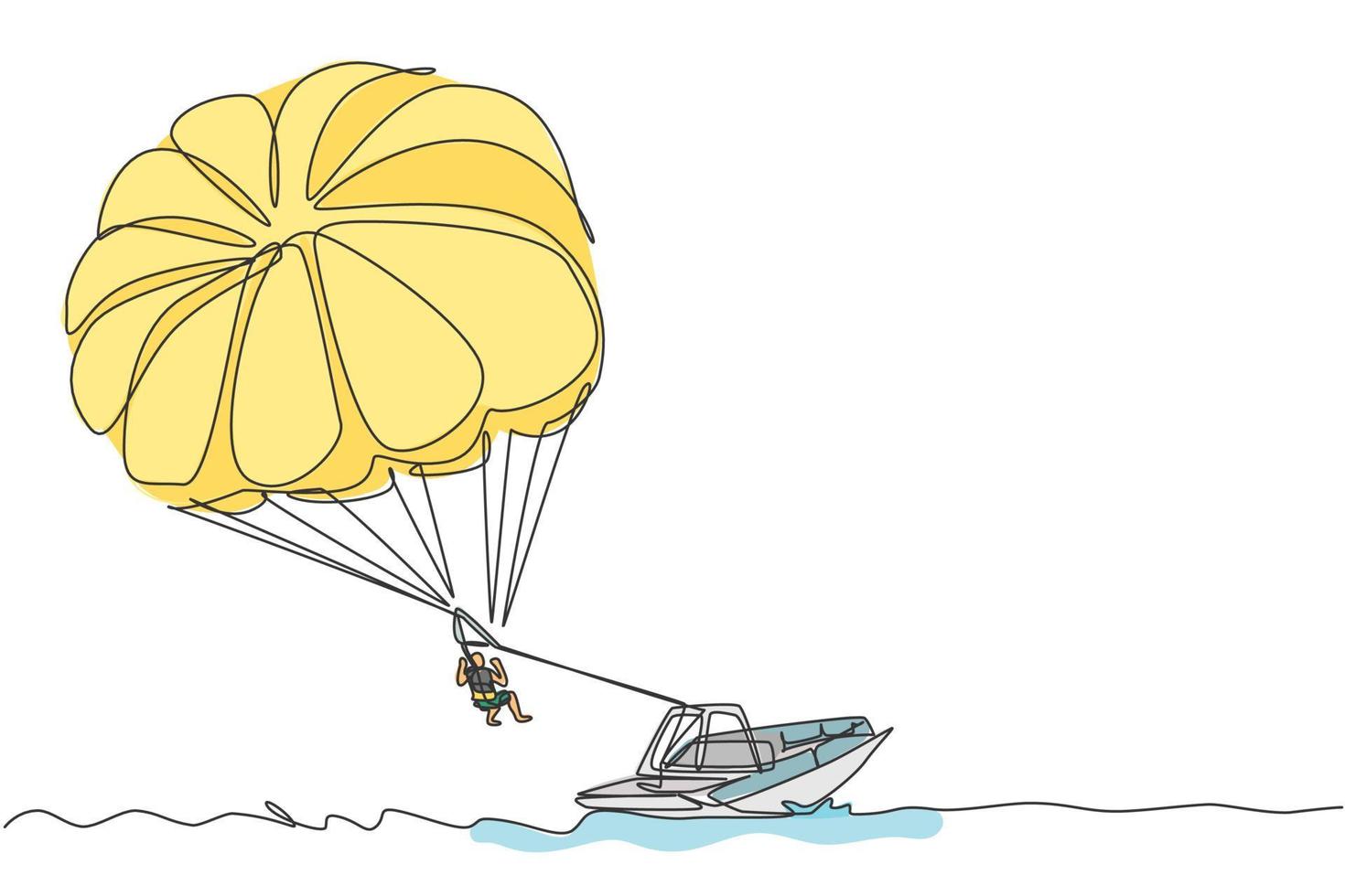 One continuous line drawing of young bravery flying in the sky using parasailing parachute behind the boat. Outdoor dangerous extreme sport concept. Dynamic single line draw design vector illustration