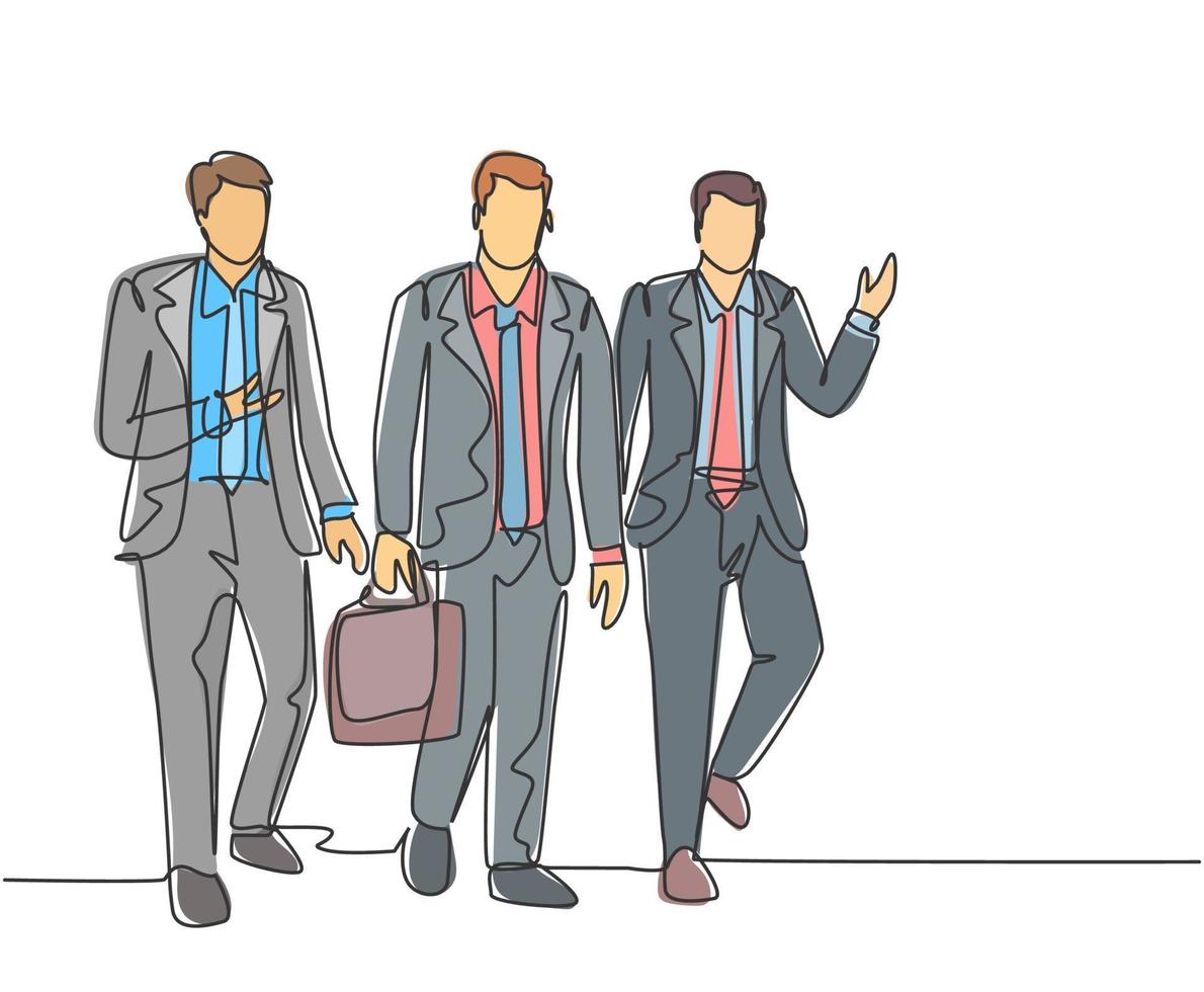 One continuous line drawing of young happy male sales managers walking together and discussing new selling strategy. Urban commuter workers concept single line graphic draw design vector illustration