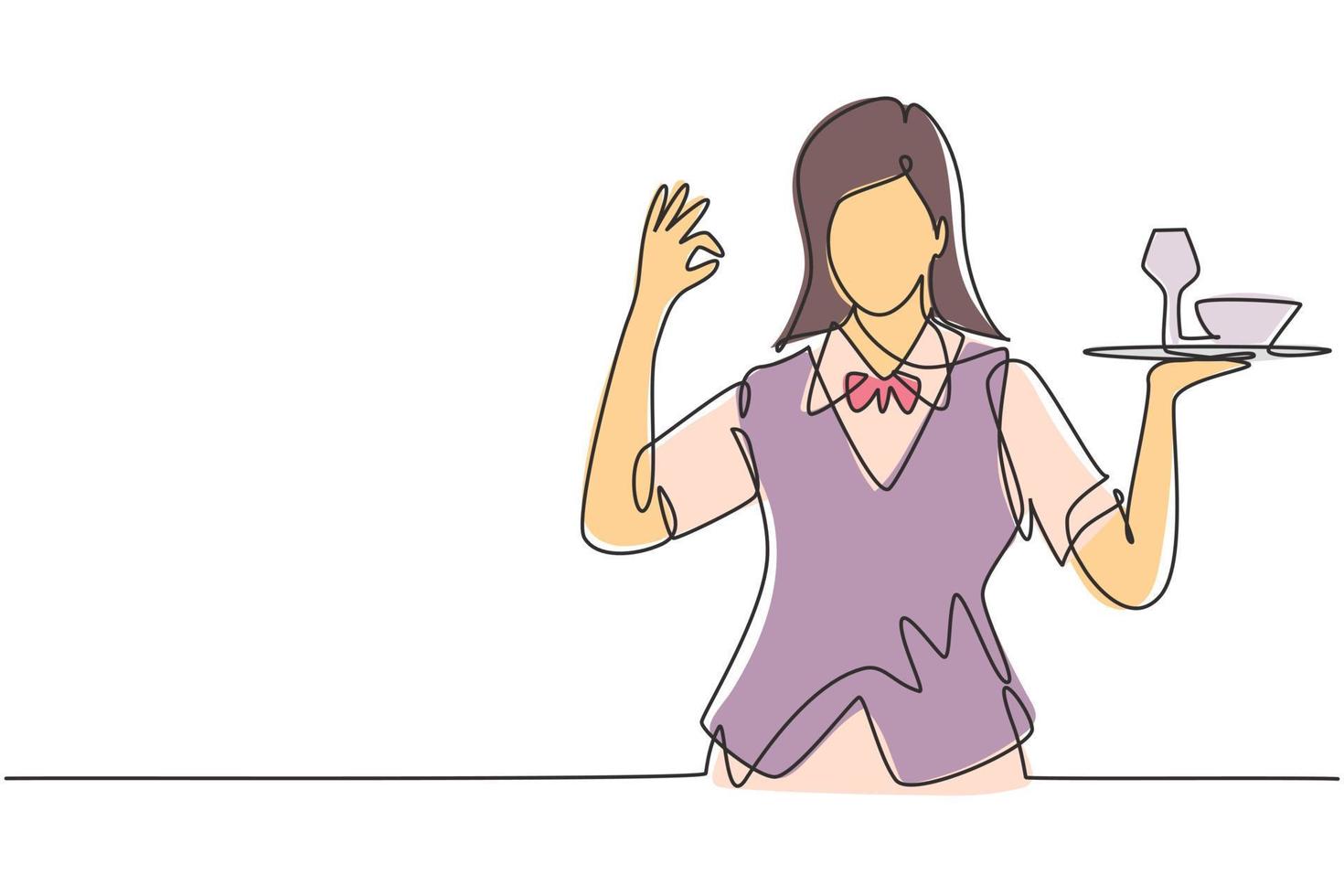 Single continuous line drawing waitress with gesture okay and brought a tray of drinking glasses serving visitors at cafeteria. Successful job. Dynamic one line draw graphic design vector illustration