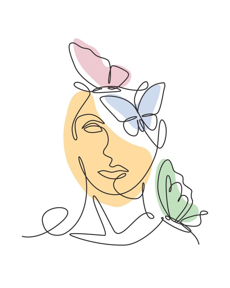 mujer de belleza de dibujo de línea continua única con ilustraciones de mariposas. botánico, moda, estampado de camisetas. concepto de estilo minimalista de cara de retrato. Ilustración de vector gráfico de diseño de dibujo de una línea de moda