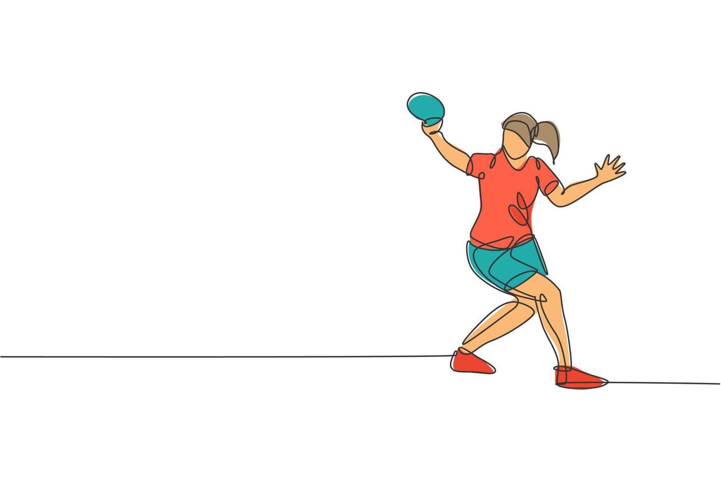 un dibujo de línea continua de una joven jugadora de tenis de mesa deportiva golpeó la pelota. concepto de deporte competitivo. ilustración de vector gráfico de diseño de dibujo de una sola línea para el cartel del campeonato de ping pong