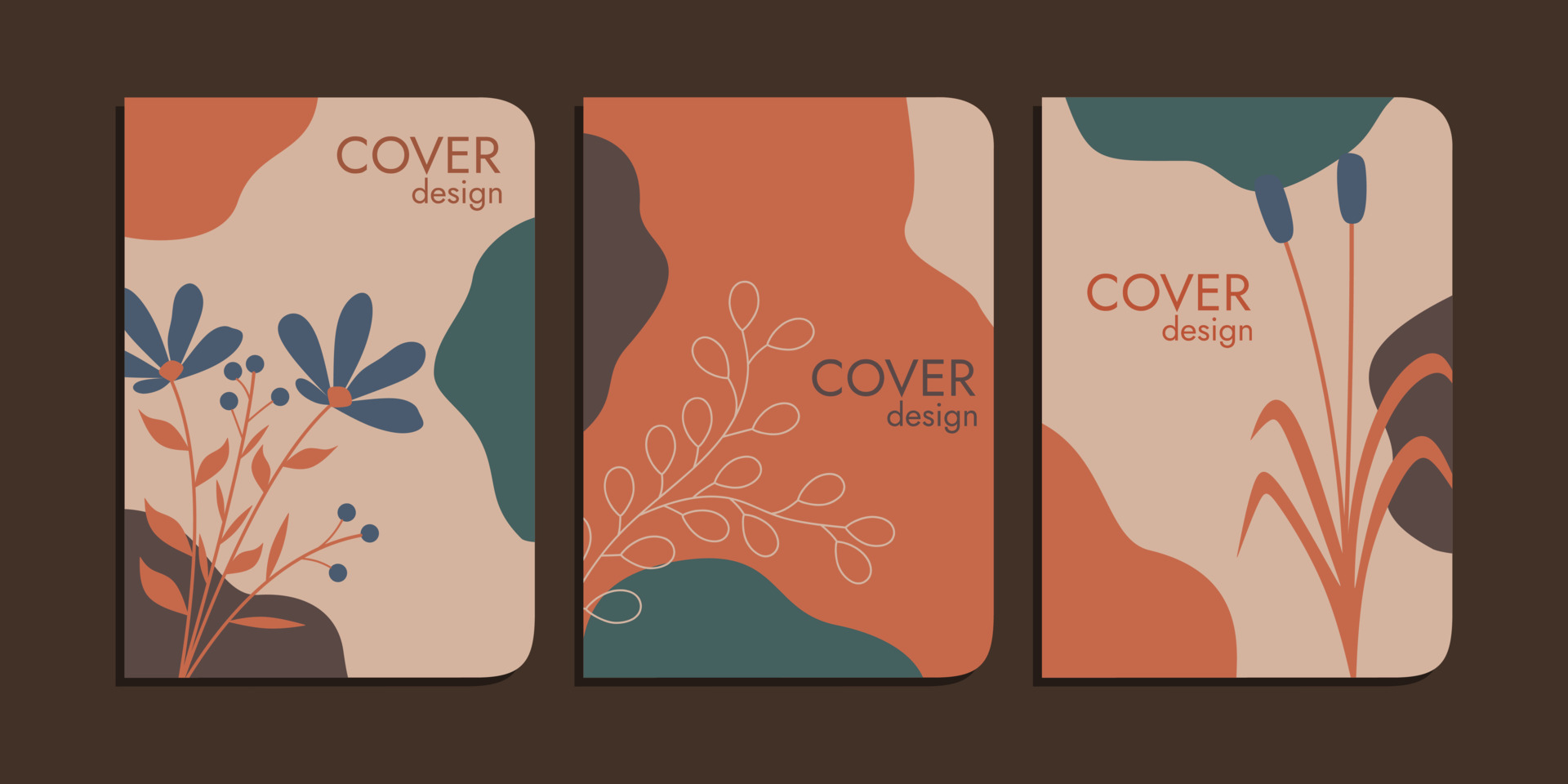 set of book cover designs with hand drawn foliage decorations. brown