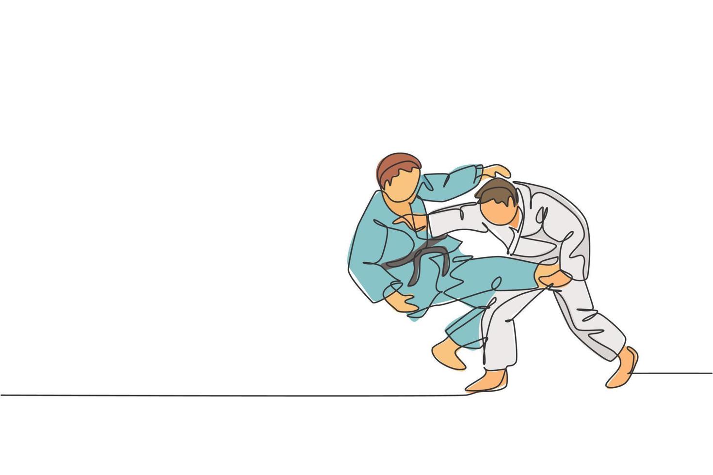 Single continuous line drawing of two young sportive judoka fighter men practice judo skill at dojo gym center. Fighting jujitsu, aikido sport concept. Trendy one line draw design vector illustration