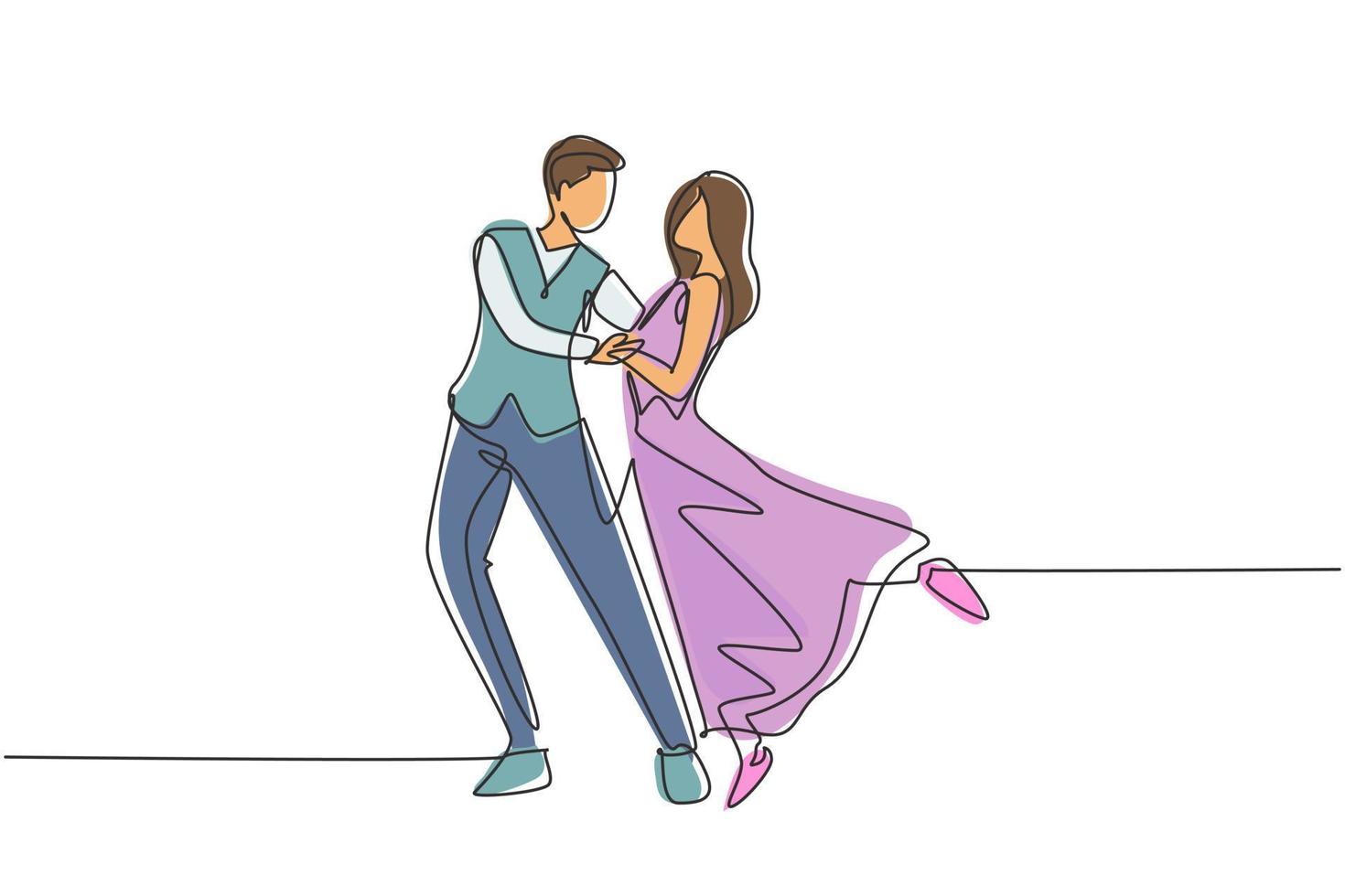 Single continuous line drawing romantic man and woman professional dancer couple dancing tango, waltz dances on dancing contest dancefloor. Dynamic one line draw graphic design vector illustration