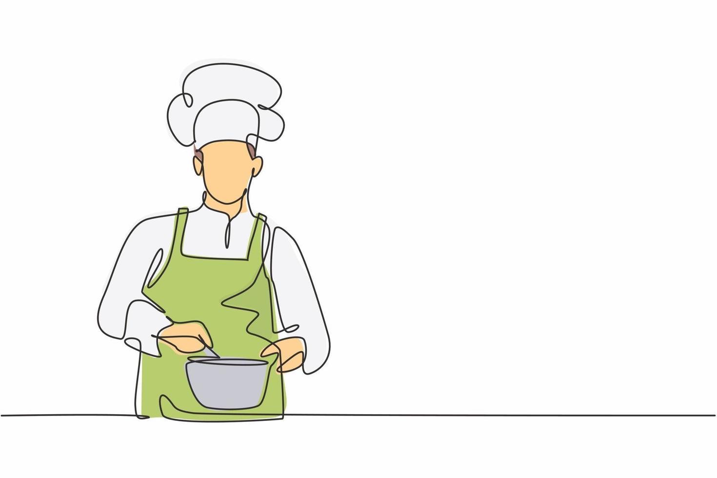 dibujo de una sola línea del joven chef masculino guapo revolviendo la sopa en la sartén para mezclar los condimentos. comida vegana orgánica saludable plantilla moderna una línea dibujado a mano ilustración vectorial estilo minimalista vector