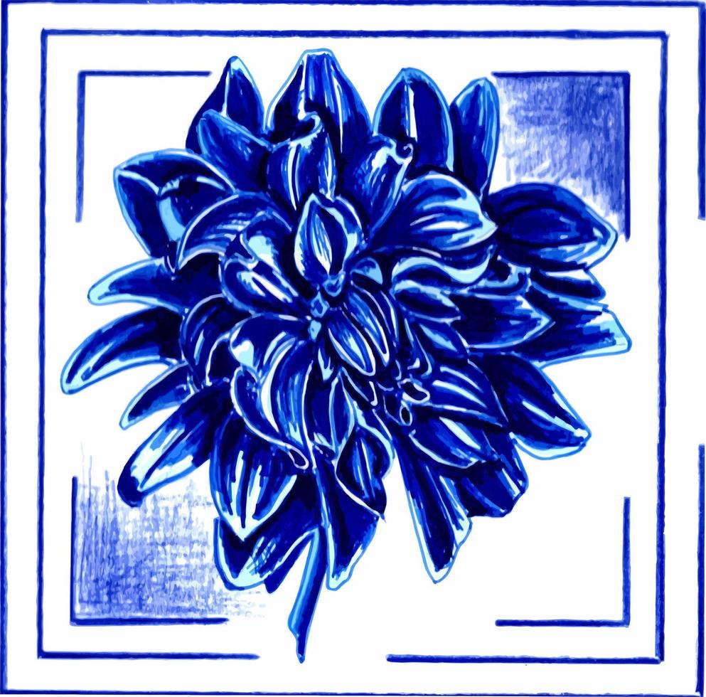 Blue dahlia in a frame. Floral botanical vector EPS illustration on a white background.