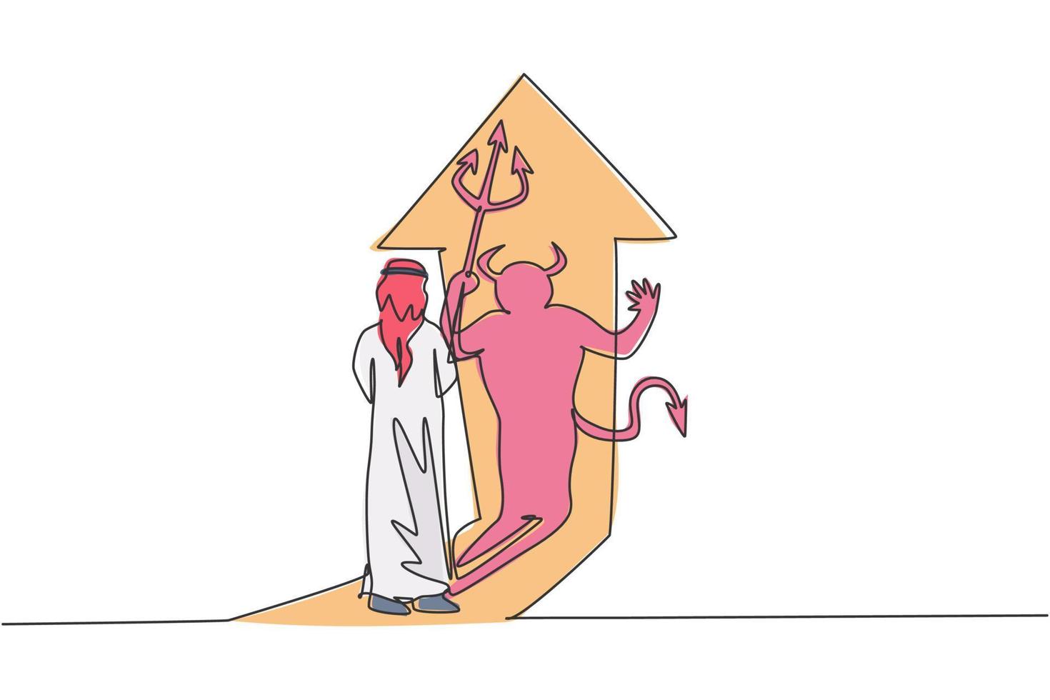 dibujo de una sola línea del joven empresario árabe frente a su aterradora sombra de diablo en la pared. concepto mínimo oculto del carácter humano malo. Ilustración de vector gráfico de diseño de dibujo de línea continua moderna