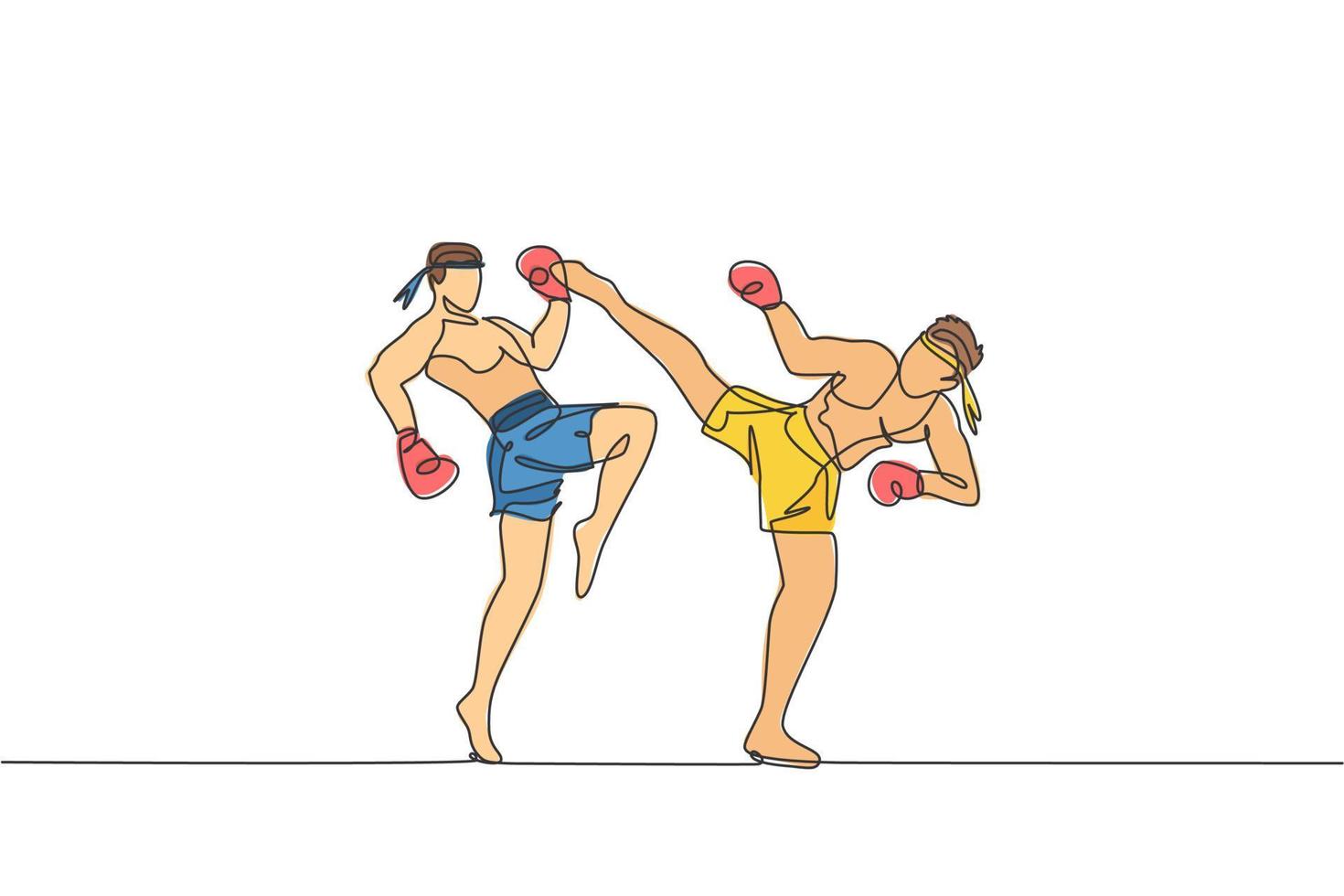 One single line drawing of two young energetic muay thai fighter men fight sparring at gym fitness center vector illustration. Combative thai boxing sport concept. Modern continuous line draw design