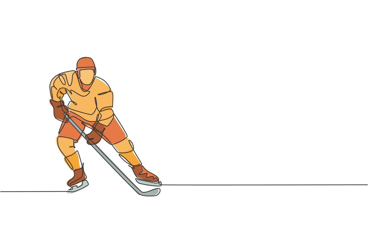 One continuous line drawing of young professional ice hockey player exercising and practicing on ice rink stadium. Healthy extreme sport concept. Dynamic single line draw design vector illustration