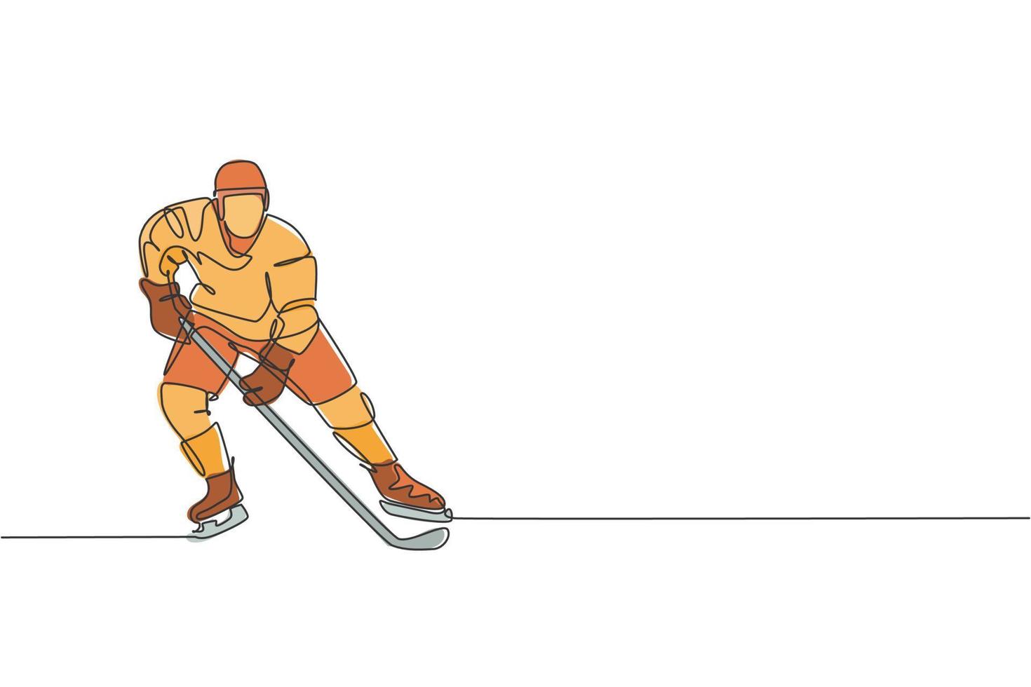 un dibujo de línea continua de un joven jugador profesional de hockey sobre hielo haciendo ejercicio y practicando en un estadio de pista de hielo. concepto de deporte extremo saludable. Ilustración de vector de diseño de dibujo de línea única dinámica