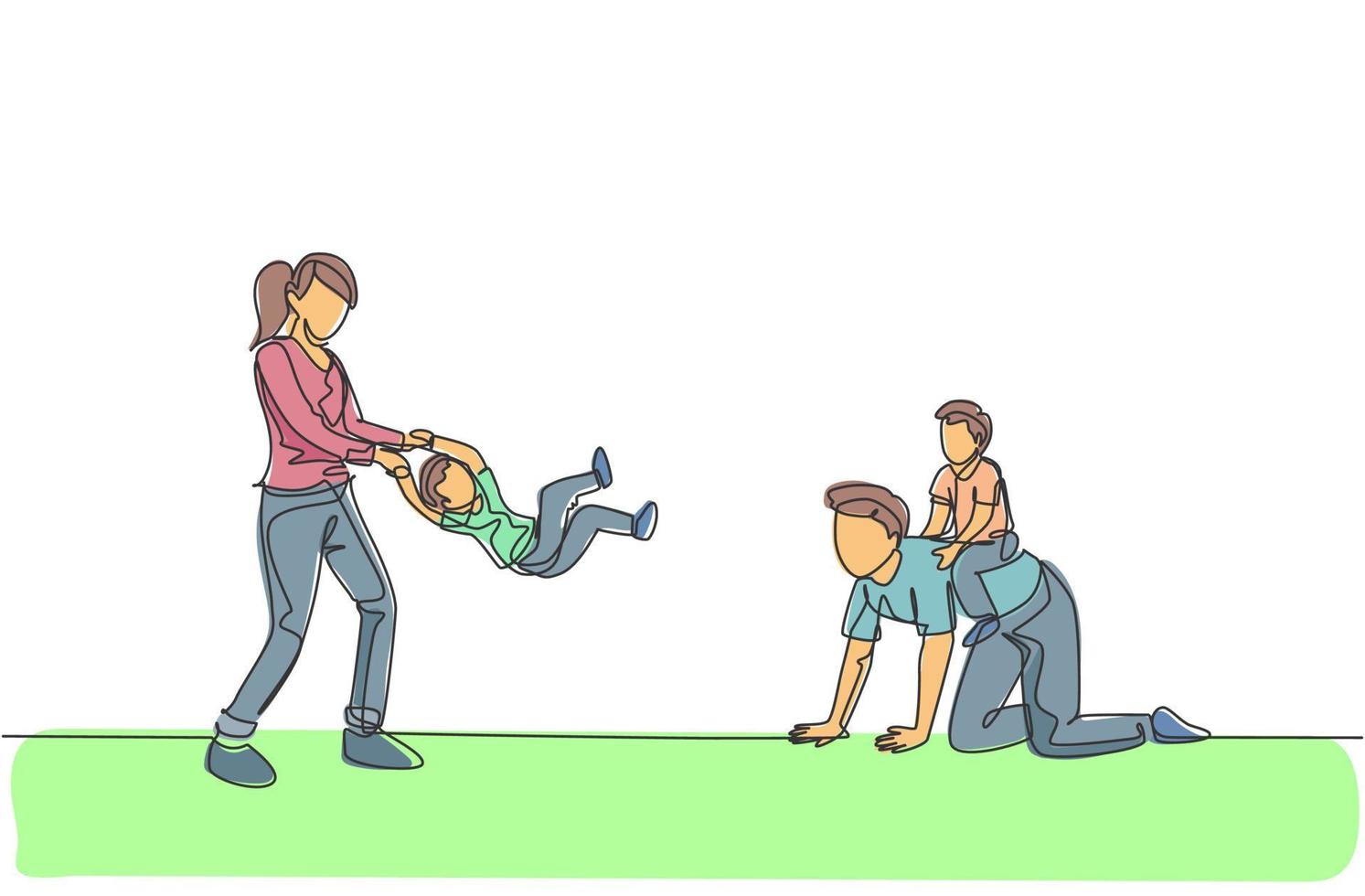 Single continuous line drawing of young mom and dad playing with their son and daughter at home. Happy family parenting concept. Trendy one line draw design vector illustration